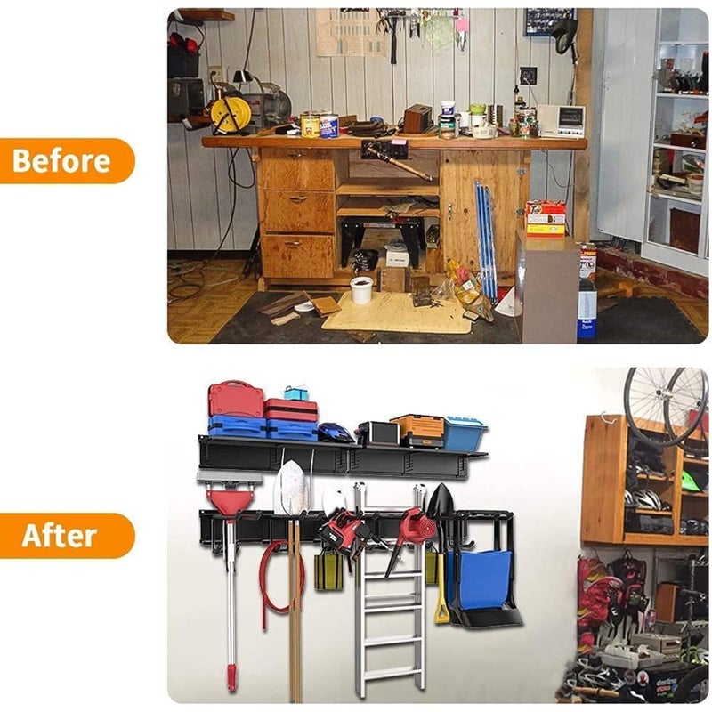 TORACK Garage Storage Organizer Systems, Wall Mount Overhead shelving, 48 inch Heavy Duty Steel Tool Racks, 6-Pack 12'' Double Hooks, 48 inch by 7 inch Floating Shelves, up to 1200Ibs - Image 5